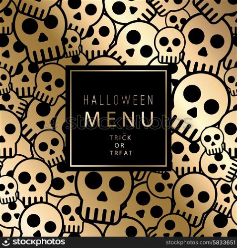 Vector halloween card with skulls seamless pattern. Vintage gold design for menu, gift card and cover