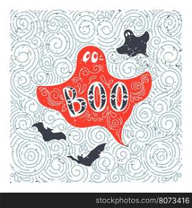 Vector Halloween ghost. Hand drawn lettering Boo in grunge vintage style. Best for greeting card, posters, flayers.