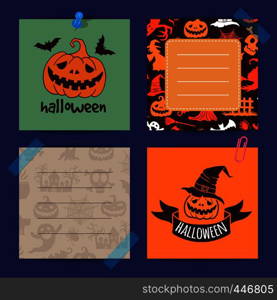 Vector halloween notes set template with witches, pumpkins, ghosts, spiders silhouettes illustration. Vector halloween notes set template