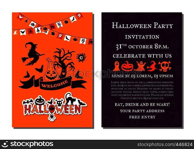 Vector halloween party invitation card template with creepy witches, pumpkins, ghosts, spiders silhouettes and garlands illustration. Vector halloween party invitation card template