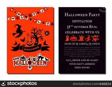 Vector halloween party invitation card template with creepy witches, pumpkins, ghosts, spiders silhouettes and garlands illustration. Vector halloween party invitation card template