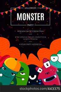 Vector Halloween party invitation poster with crowd of cute monsters, confetti and garlands on wavy background illustration. Vector Halloween party invitation poster with crowd of cute monsters, confetti and garlands