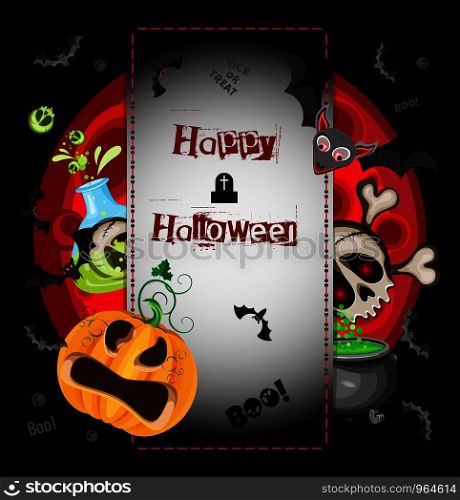 Vector Halloween poster mockup. It includes an inscription on stitched parchment and characters and holiday items.