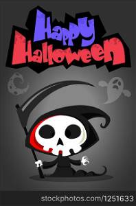 Vector Halloween poster with cute reaper with scythe. Skeleton death character in black hood isolated on dark background