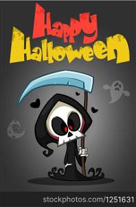 Vector Halloween poster with cute reaper with scythe. Skeleton character isolated on dark background