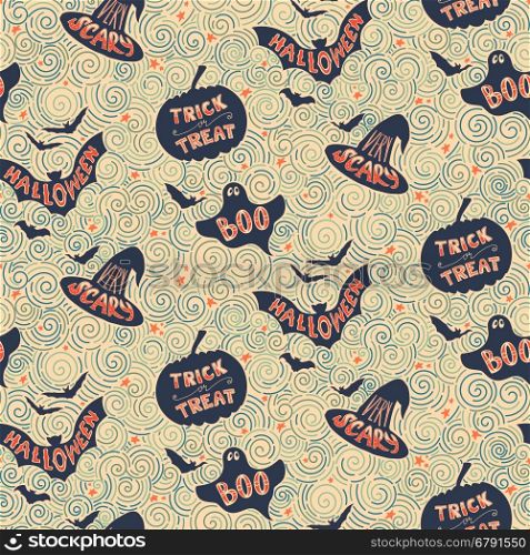 Vector Halloween pumpkin seamless background pattern in vintage style. Halloween party backdrop for fabric, textile, wrapping paper, card, invitation, wallpaper, web design.