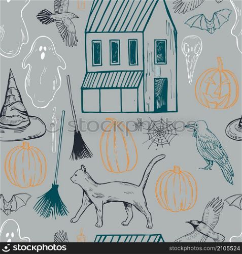 Vector halloween seamless pattern with house, ghosts and pumkins. Vector halloween seamless pattern