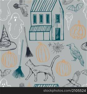 Vector halloween seamless pattern with house, ghosts and pumkins. Vector halloween seamless pattern