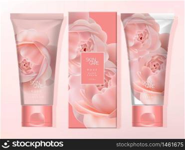 Vector Hand Cream & Facial Cleanser Set Tube Packaging with Carton Box. Rose Pattern Printed with Coral Color Flip Cap.