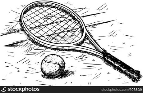 Vector hand drawing drawn illustration of tennis racket and ball on the court ground.