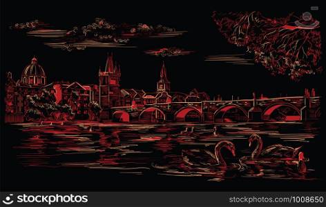 Vector hand drawing Illustration Cityscape of Charles Bridge and swans in Vltava river in Prague. Landmark of Prague, Czech Republic. Vector illustration in red and beige colors isolated on black background.