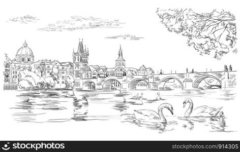 Vector hand drawing Illustration Cityscape of Charles Bridge and swans in Vltava river in Prague. Landmark of Prague, Czech Republic. Vector illustration in black color isolated on white background.