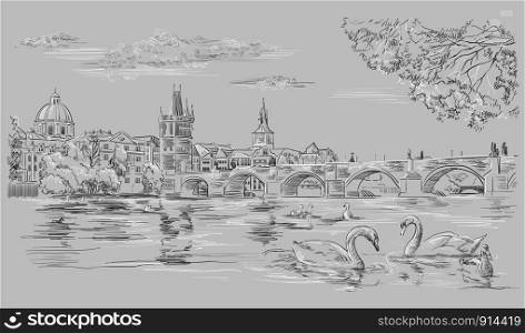 Vector hand drawing Illustration Cityscape of Charles Bridge and swans in Vltava river in Prague. Landmark of Prague, Czech Republic. Vector illustration in black and white colors isolated on grey background.