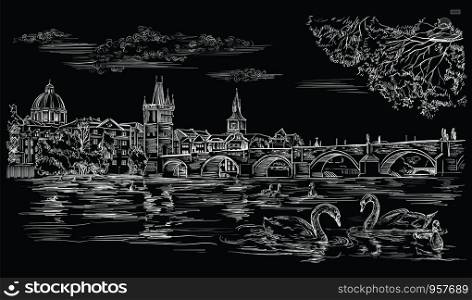 Vector hand drawing Illustration Cityscape of Charles Bridge and swans in Vltava river in Prague. Landmark of Prague, Czech Republic. Vector illustration in white color isolated on black background.
