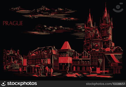 Vector hand drawing Illustration. Cityscape of Old Town Square and Tyn Church. Landmark of Prague, Czech Republic. Vector illustration in red and beige color isolated on black background.