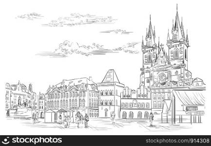 Vector hand drawing Illustration. Cityscape of Old Town Square and Tyn Church. Landmark of Prague, Czech Republic. Vector illustration in black color isolated on white background.