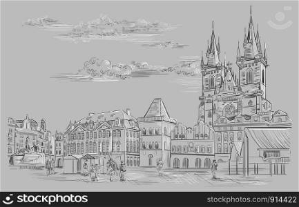 Vector hand drawing Illustration. Cityscape of Old Town Square and Tyn Church. Landmark of Prague, Czech Republic. Vector illustration in black and white colors isolated on grey background.