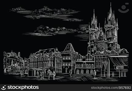 Vector hand drawing Illustration. Cityscape of Old Town Square and Tyn Church. Landmark of Prague, Czech Republic. Vector illustration in white color isolated on black background.