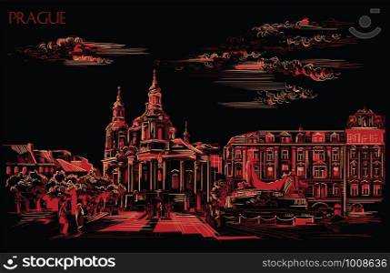 Vector hand drawing Illustration. Cityscape of St. Nicholas church and Jan Hus Memorial. Landmark of Prague, Czech Republic. Vector illustration in red and beige colors isolated on black background.