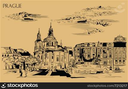 Vector hand drawing Illustration. Cityscape of St. Nicholas church and Jan Hus Memorial. Landmark of Prague, Czech Republic. Vector illustration in black color isolated on beige background.