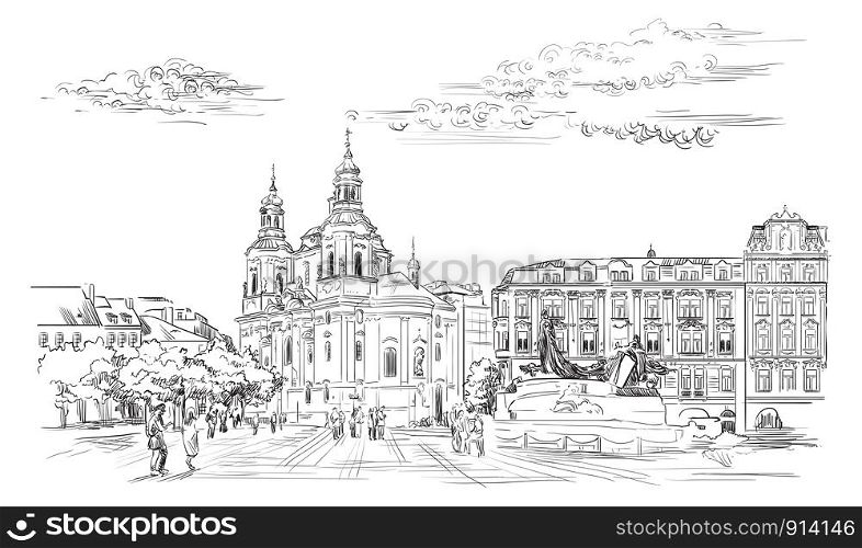 Vector hand drawing Illustration. Cityscape of St. Nicholas church and Jan Hus Memorial. Landmark of Prague, Czech Republic. Vector illustration in black color isolated on white background.