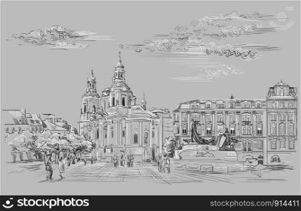 Vector hand drawing Illustration. Cityscape of St. Nicholas church and Jan Hus Memorial. Landmark of Prague, Czech Republic. Vector illustration in black and white colors isolated on grey background.