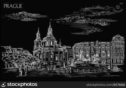Vector hand drawing Illustration. Cityscape of St. Nicholas church and Jan Hus Memorial. Landmark of Prague, Czech Republic. Vector illustration in white color isolated on black background.