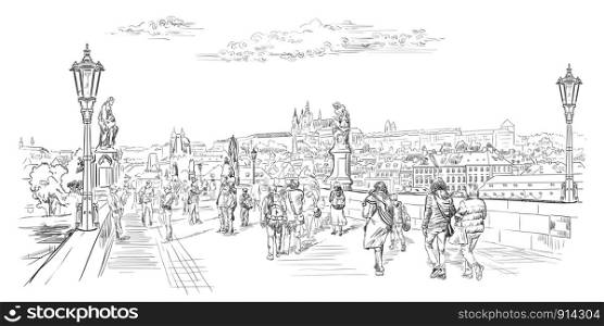 Vector hand drawing Illustration of Charles Bridge and panorama of Prague. Landmark of Prague, Czech Republic. Vector illustration in black color isolated on white background.