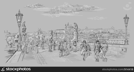 Vector hand drawing Illustration of Charles Bridge and panorama of Prague. Landmark of Prague, Czech Republic. Vector illustration in black and white colors isolated on grey background.