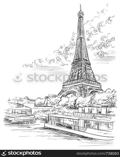 Vector hand drawing Illustration of Eiffel Tower (Paris, France). Landmark of Paris. Cityscape with Eiffel Tower, view on Seine river embankment. Vector hand drawing illustration in black color isolated on white background.