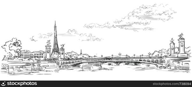 Vector hand drawing Illustration of Eiffel Tower (Paris, France). Landmark of Paris. Panoramic cityscape with Eiffel Tower and Pont Alexandre III, view on Seine river embankment. Vector hand drawing illustration in black color isolated on white background.