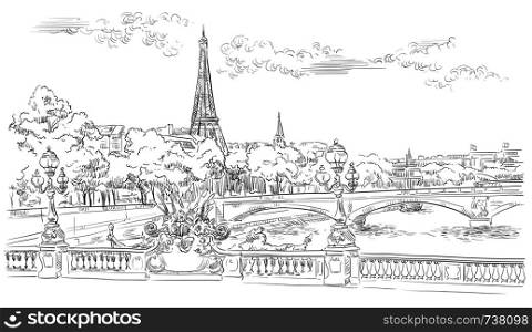 Vector hand drawing Illustration of Eiffel Tower (Paris, France). Landmark of Paris. Cityscape with Eiffel Tower and Pont Alexandre III, view on Seine river embankment. Vector hand drawing illustration in black color isolated on white background.