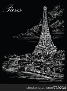 Vector hand drawing Illustration of Eiffel Tower (Paris, France). Landmark of Paris. Cityscape with Eiffel Tower, view on Seine river embankment. Vector hand drawing illustration in white color isolated on black background.