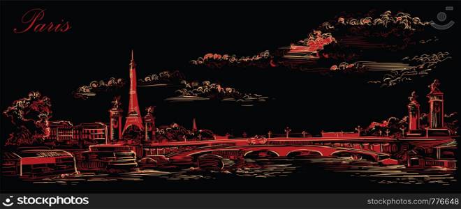Vector hand drawing Illustration of Eiffel Tower (Paris, France). Landmark of Paris. Panoramic cityscape with Eiffel Tower and Pont Alexandre III, view on Seine river embankment. Vector hand drawing illustration in red color isolated on black background.