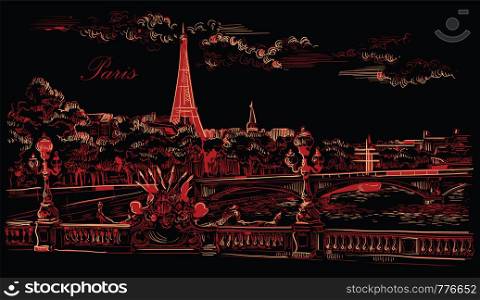Vector hand drawing Illustration of Eiffel Tower (Paris, France). Landmark of Paris. Cityscape with Eiffel Tower and Pont Alexandre III, view on Seine river embankment. Vector hand drawing illustration in red color isolated on black background.