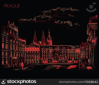 Vector hand drawing Illustration of Hradcany square. The Central gate of the Hradcany Castle.Landmark of Prague, Czech Republic. Vector illustration in red and beige colors isolated on black background.