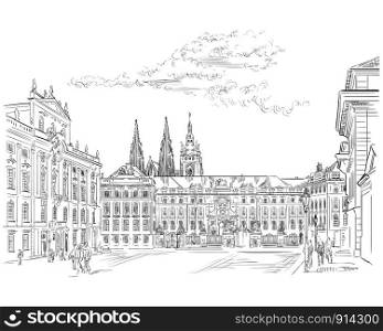 Vector hand drawing Illustration of Hradcany square. The Central gate of the Hradcany Castle.Landmark of Prague, Czech Republic. Vector illustration in black color isolated on white background.