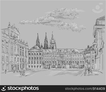 Vector hand drawing Illustration of Hradcany square. The Central gate of the Hradcany Castle.Landmark of Prague, Czech Republic. Vector illustration in black and white color isolated on grey background.