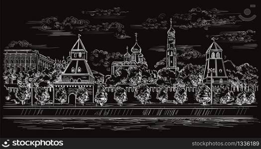 Vector hand drawing illustration of Kremlin in Moscow, Russia. Horisontal isolated sketch illustration of Moscow cityscape in white color on black background. Stock illustration.