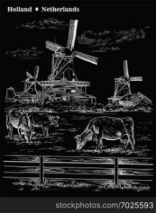 Vector hand drawing Illustration of Landmark watermill in Amsterdam (Netherlands, Holland). Watermill and cows grazing on the meadow. Vector engraving illustration in white color isolated on black background.