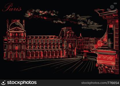 Vector hand drawing Illustration of Louvre museum (Paris, France). Landmark of Paris. Cityscape with Louvre museum. Vector hand drawing illustration in red color isolated on black background.