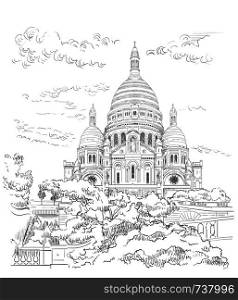 Vector hand drawing Illustration of Montmartre (Paris, France). Landmark of Paris. Cityscape with basilica Sacre Coeur. Vector hand drawing illustration in black color isolated on white background.