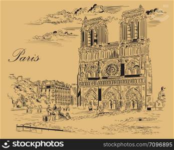 Vector hand drawing Illustration of Notre Dame Cathedral (Paris, France). Landmark of Paris. Cityscape with Notre Dame Cathedral. Vector hand drawing illustration in black color isolated on beige background.