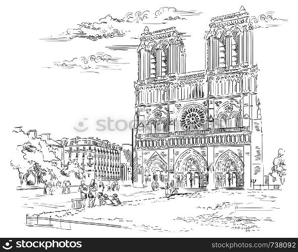 Vector hand drawing Illustration of Notre Dame Cathedral (Paris, France). Landmark of Paris. Cityscape with Notre Dame Cathedral. Vector hand drawing illustration in black color isolated on white background.