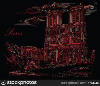 Vector hand drawing Illustration of Notre Dame Cathedral (Paris, France). Landmark of Paris. Cityscape with Notre Dame Cathedral. Vector hand drawing illustration in red color isolated on black background.