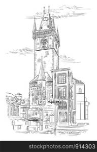 Vector hand drawing Illustration of Old Town Hall in Prague. Landmark of Prague, Czech Republic. Vector illustration in black color isolated on white background.