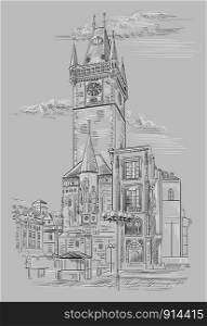 Vector hand drawing Illustration of Old Town Hall in Prague. Landmark of Prague, Czech Republic. Vector illustration in black and white colors isolated on grey background.