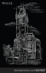 Vector hand drawing Illustration of Old Town Hall in Prague. Landmark of Prague, Czech Republic. Vector illustration in white color isolated on black background.