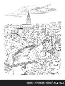 Vector hand drawing Illustration of panoramic cityscape of Cesky Krumlov. Aerial View on roofs, castle and river. Landmark of Czech Republic. Vector illustration in black color isolated on white background.