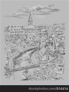 Vector hand drawing Illustration of panoramic cityscape of Cesky Krumlov. Aerial View on roofs, castle and river. Landmark of Czech Republic. Vector illustration in black and white colors isolated on grey background.